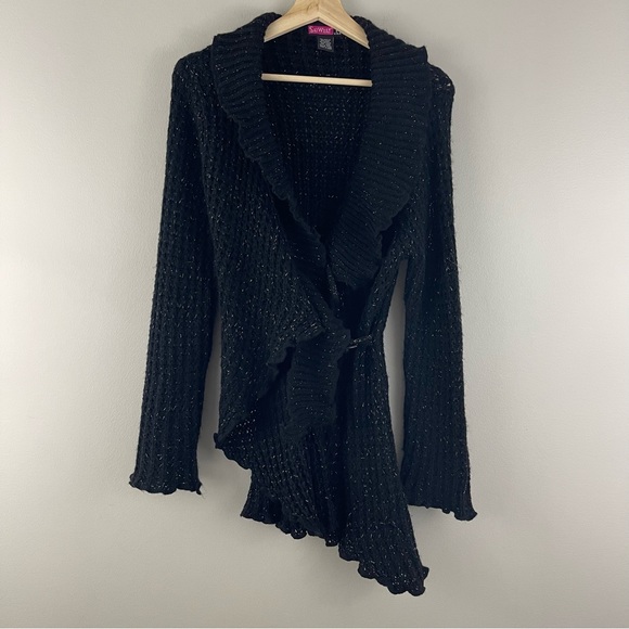 SAY WHAT? Vintage Y2K 2000 Black Crochet Knit Asymmetrical Hem Cardigan Sweater - Picture 2 of 14